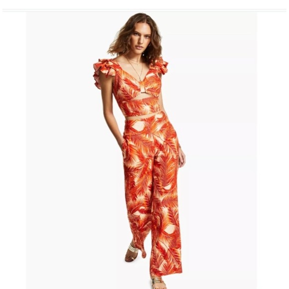 INC International Concepts Pants - INC International Concepts 2 Piece Set XL Tropical Print Crop Top & Pants Orange